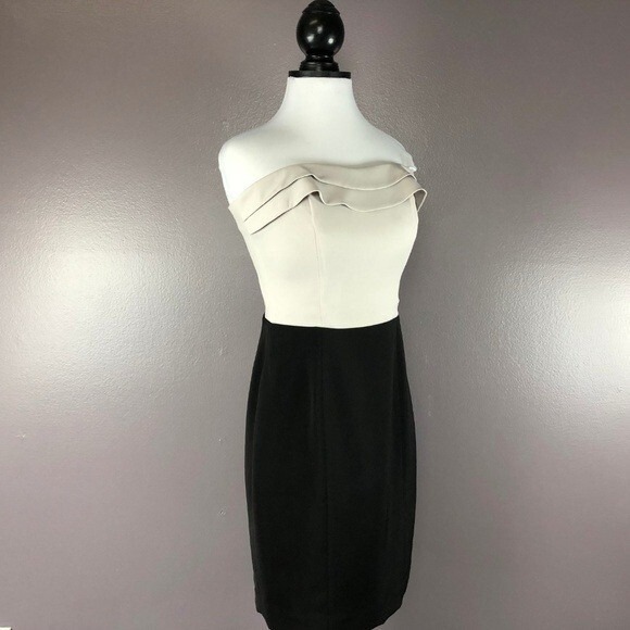 H&M Black Beige Sheath Pencil Dress Size 8 Strapless Ruffle Collar‎ Color Block - Picture 4 of 7